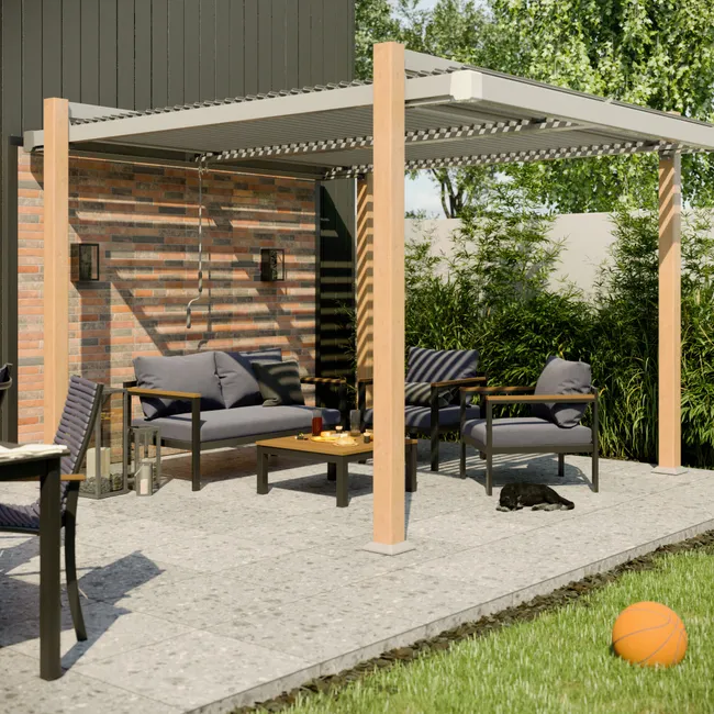 Pergola aus Aluminium NATERIAL Odyssea Holzoptik von 320×358 cm