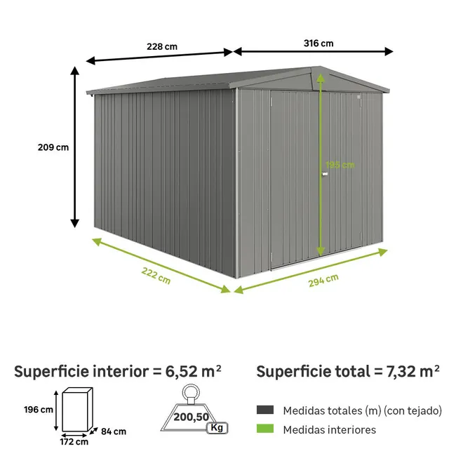Capanno in metallo cuarzo Europa 316x209x228 cm, 7,2 m²