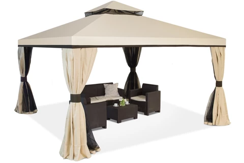 Pabellón de jardín grande con mosquitera y cortinas Valencia 4 x 4 m crema