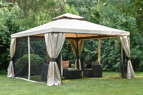 Pabellón de jardín grande con mosquitera y cortinas Valencia 4 x 4 m crema