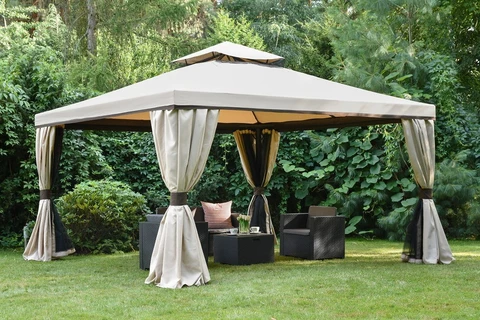 Pabellón de jardín grande con mosquitera y cortinas Valencia 4 x 4 m crema