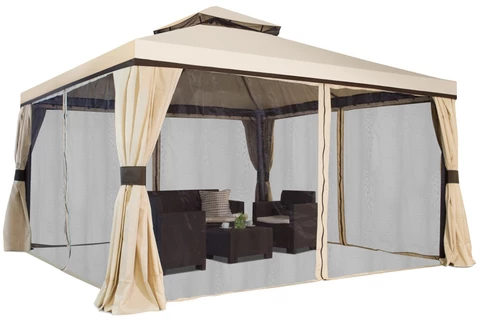 Pabellón de jardín grande con mosquitera y cortinas Valencia 4 x 4 m crema