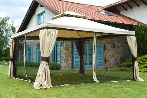 Pabellón de jardín grande con mosquitera y cortinas Valencia 4 x 4 m crema