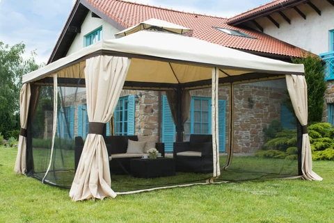 Pabellón de jardín grande con mosquitera y cortinas Valencia 4 x 4 m crema