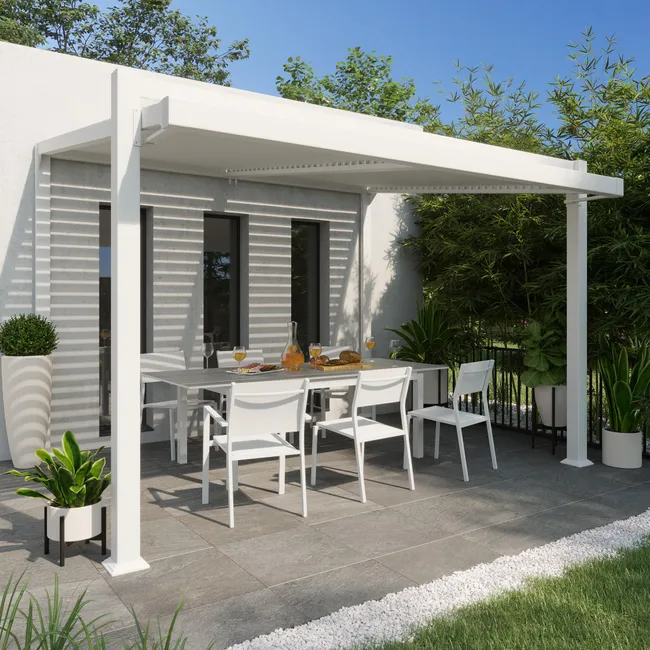 Pergola bioclimatica in alluminio addossata NATERIAL Odyssea bianca e lamiera bianca da 318 x 380 x 258 cm manuale
