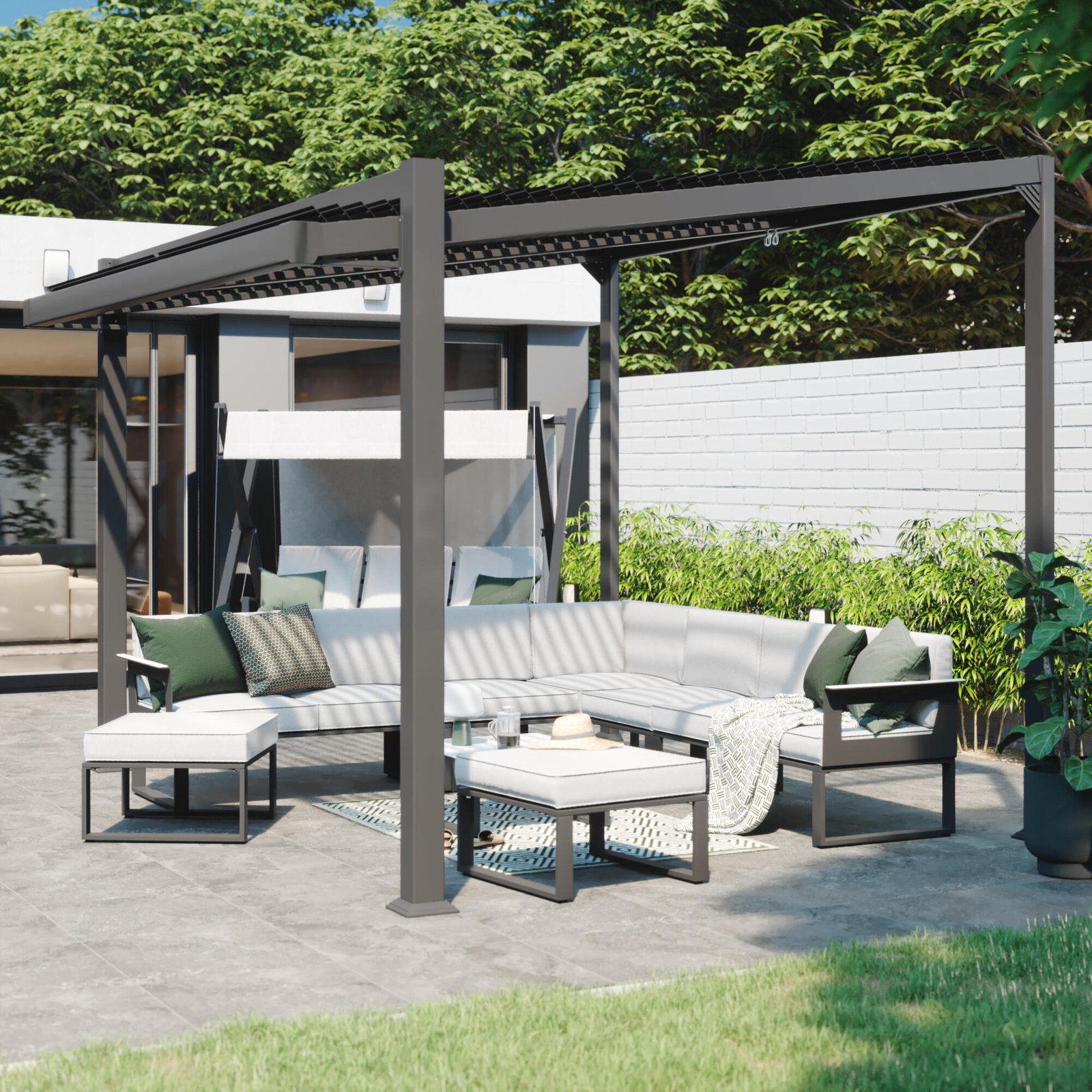Pergola bioclimatica in alluminio addossata NATERIAL Odyssea grigia e lamiera grigio scuro da 316 x 380 x 258 cm manuale